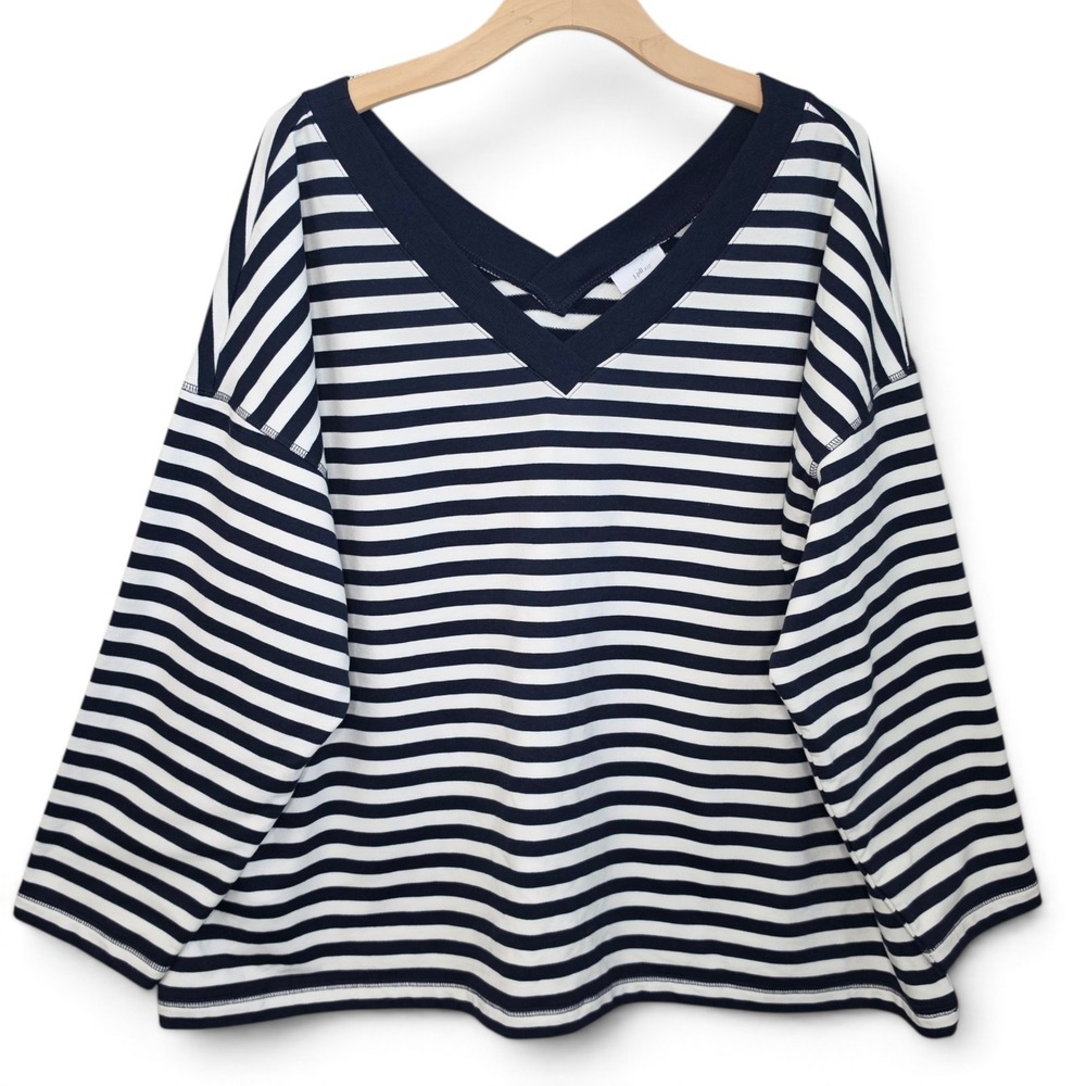 J Jill Fit Sweatshirt Womens 3X Striped V Neck Blue White French Terry Pullover